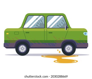 leaking car oil from a vehicle. minor repairs in the sedan. flat vector illustration