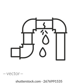 ícone de vazamento de tubo, tubo danificado, encanamento quebrado, ilustração vetor de linha fina