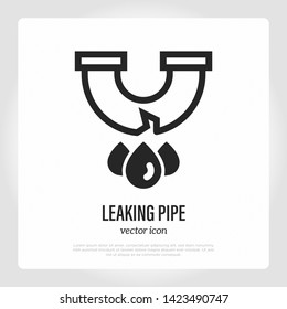 Leaking pipe thin line icon. Logo for plumbing service. Vector illustration.