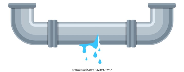 Leaking pipe. Water drops, broken sewer, plastic pipeline with leakage problem. Plumber repair service element. Single object isolated. Vector cartoon flat style illustration