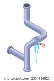 Leaking pipes isometric. Broken pipe tube with leaking water. Plumbing construction pipeline with damage element. 3d industrial water system