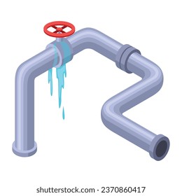 Leaking pipes isometric. Broken pipe tube with leaking water. Plumbing construction pipeline with damage element. 3d industrial water system