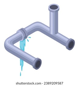 Leaking pipes isometric. Broken pipe tube with leaking water. Plumbing construction pipeline with damage element. 3d industrial water system