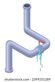 Leaking pipes isometric. Broken pipe tube with leaking water. Plumbing construction pipeline with damage element. 3d industrial water system