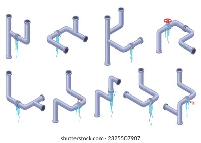 Leaking pipes isometric set. Broken pipe tube with leaking water. Plumbing construction pipeline with damage element. 3d industrial water system