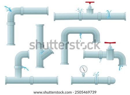 Leaking pipes. Plastic broken pipeline. Water splashes under pressure and drips. Drain taps or valves. Engineering sensor. Sewerage supply system. Canalization fix. Sewer