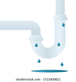 Leaking plumbing. Plastic sanitary unit. Water is dripping from the pipe. Broken siphon. Vector illustration flat design. Isolated on white background.