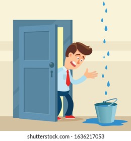 Leaking roof, ceiling. Shocked man looks to drops of water are dripping from ceiling into bucket. The neighbors from top flooded apartment. House needs repairs. Vector illustration, flat cartoon style