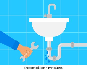 leaking sink pipe with dripping water .plumber hand with wrench plumbing service vector illustration