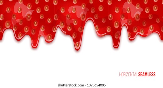 Leaking strawberry jam vector seamless pattern. Dripping tasty dessert realistic illustration. Horizontal texture with flowing berry syrup. Melting jelly on white background. Wrapping paper design