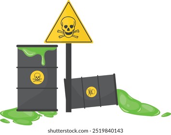 Leaking toxic waste barrels with a skull hazard sign, symbolizing danger, pollution, and environmental contamination. Hazardous substances icons isolated on white background