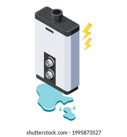 Leaking water boiler isometric icon on white background 3d vector illustration