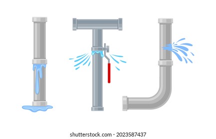 Leaking Water Pipe and Damaged Dripping Fitting Vector Set