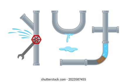Leaking Water Pipe and Damaged Dripping Fitting Vector Set