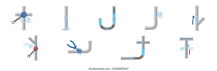 Leaking Water Pipe and Damaged Dripping Fitting Vector Set