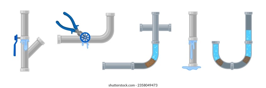 Leaking Water Pipe and Damaged Dripping Fitting Vector Set