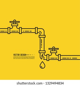 Leaking water pipes. Broken pipeline with leakage, dripping fittings. Vector illustration