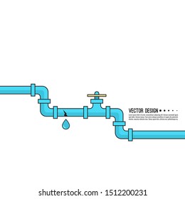 Leaking water pipes. Broken pipeline with leakage, dripping fittings. Vector illustration