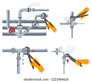 Leaking water pipes and plumbing repairs with an adjustable wrench. Vector flat set isolated on white background.