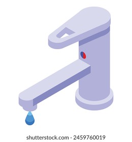 Fuga de agua del grifo de Vector isométrico. Grifo de agua fría y caliente. Grifo del baño