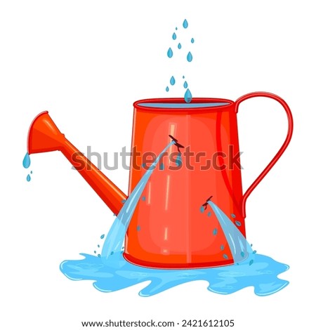 Leaking watering can and puddle. Pail with hole full water. Water leaking from broken watering pot. Useless red watering can. Water is poured out of hole in old watering can. Cracked red  hose. Vector