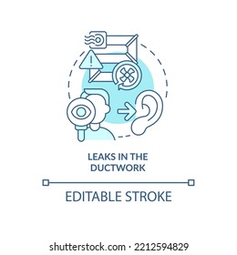 Leaks in ductwork turquoise concept icon. House insulation problem. Draughts proof abstract idea thin line illustration. Isolated outline drawing. Editable stroke. Arial, Myriad Pro-Bold fonts used
