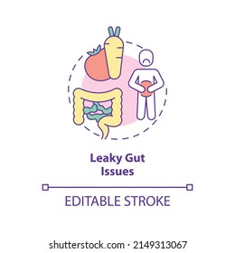 Leaky gut issues concept icon. Bloating and cramps problem. Side effect abstract idea thin line illustration. Isolated outline drawing. Editable stroke. Arial, Myriad Pro-Bold fonts used