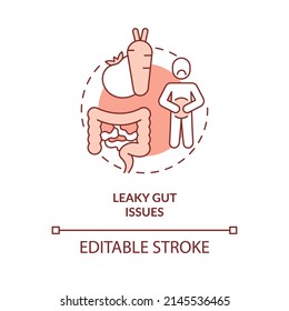 Leaky gut issues red concept icon. Bloating and cramps problem. Side effect abstract idea thin line illustration. Isolated outline drawing. Editable stroke. Arial, Myriad Pro-Bold fonts used