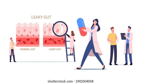 Leaky Gut Syndrome. Tiny Doctors Characters Presenting Difference Healthy and Inflamed Intestinal Cells. Comparison Normal and Sick Tissue of Gastrointestinal Tract. Cartoon People Vector Illustration