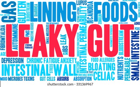 Leaky Gut word cloud on a white background. 