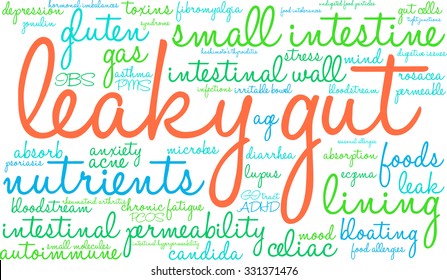 Leaky Gut word cloud on a white background. 