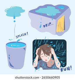 Leaky roof with water bucket and person running from pouring rain illustration bundle set collection.