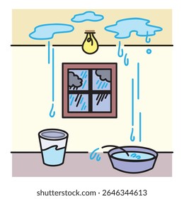 Telhado com gotículas de água e baldes ilustração contornada colorida isolada no fundo quadrado.