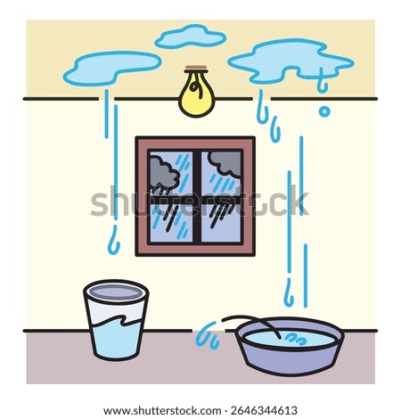 Leaky roof with water droplets and buckets colorful outlined illustration isolated on square background.