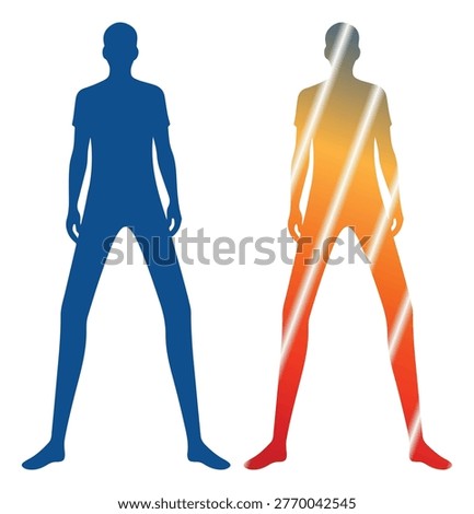 Lean man body shape outline, tall guy proportion graphic, blue and orange fashion display
