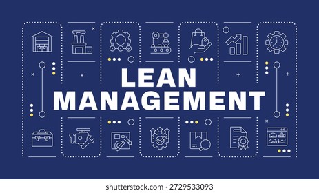 Concepto de palabra azul de gestión Lean. Métricas estadísticas, producción industrial. Cadena de suministro. Imagen Horizontal del Vector. Texto del título rodeado de iconos de contorno editables