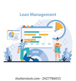 Concepto Lean Management. Visualiza la mejora continua y la minimización de residuos en la gestión de procesos. Representa la eficacia en el flujo de trabajo operativo y la gestión de riesgos. Ilustración vectorial plana.