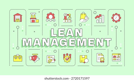Gestión Lean concepto de palabra verde. Organización de la producción, automatización del sistema. Métricas de eficiencia. Anuncio de tipografía. Ilustración vectorial con el texto del título, color editable de los iconos