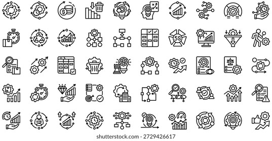 Colección de iconos de Lean Management. Ilustración vectorial. Proceso Lean, Engranaje de Eficiencia, Mejora Continua, Reducción de Residuos, Flujo de Valor, Flujo de Trabajo Optimizado, Optimización de Procesos, Kaizen, Pensamiento Lean, Eficiencia de Tiempo. Vector Pro