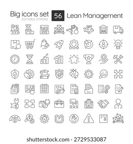 Lean management line icons set. Industrial processes, business management. Production organization, Supply chain. Isolated vector outline illustrations. Thin lineart iconset symbols. Editable stroke