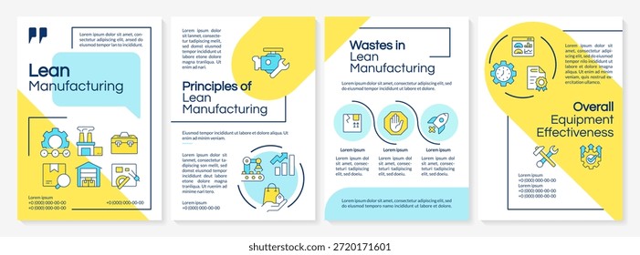Diseño de folleto azul y amarillo de Lean Manufacturing. Valor Cliente, sistema de producción. Diseño publicitario de folleto con iconos de línea de color. Editable 4 páginas