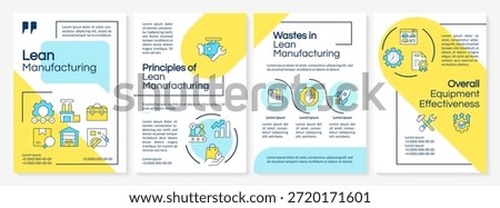 Lean manufacturing blue and yellow brochure layout. Customer value, production system. Leaflet advertising design with color line icons. Editable 4 pages