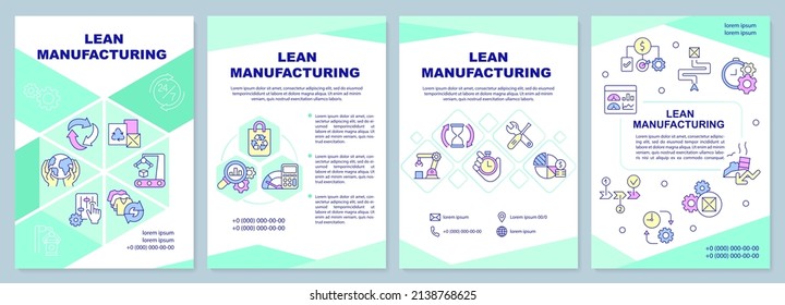 Lean manufacturing brochure template. Production process. Leaflet design with linear icons. 4 vector layouts for presentation, annual reports. Arial-Black, Myriad Pro-Regular fonts used