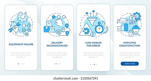 Lean manufacturing disadvantages blue onboarding mobile app screen. Walkthrough 4 steps graphic instructions pages with linear concepts. UI, UX, GUI template. Myriad Pro-Bold, Regular fonts used