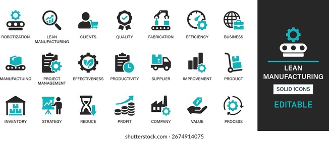 Coleção de conjuntos de ícones de Lean Manufacturing. Robotização, clientes, qualidade, fabricação, eficiência, negócios, projeto, produtividade e o melhor conjunto de ícones sólidos.