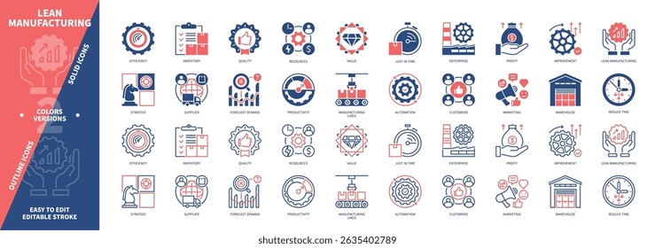Lean Manufacturing icon set. Just in Time, Quality, Value, Reduce Time, Customers, Manufacturing Lines, Supplier, Inventory. Duotone color solid and editable outline icons