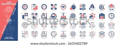 Lean Manufacturing icon set. Just in Time, Quality, Value, Reduce Time, Customers, Manufacturing Lines, Supplier, Inventory. Duotone color solid and editable outline icons