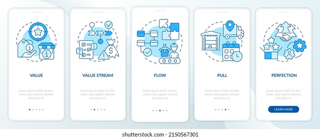 Lean manufacturing key principles blue onboarding mobile app screen. Walkthrough 5 steps graphic instructions pages with linear concepts. UI, UX, GUI template. Myriad Pro-Bold, Regular fonts used