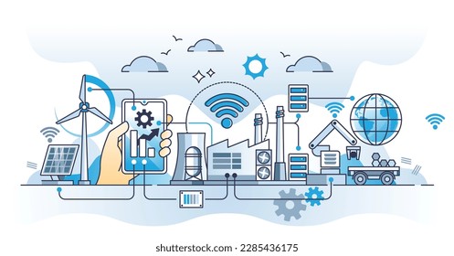 Modelo de fabricación lisa como concepto de esquema de método de producción efectivo. Empresa de estrategia sustentable y productiva con automatización, digitalización y simple ilustración de vector de sistemas fabril justo a tiempo.