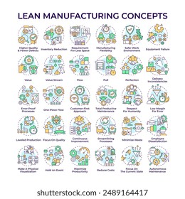 Lean manufacturing multi color concept icons. Waste reduction. Continuous process. Better efficiency and productivity. Icon pack. Vector images. Round shape illustrations. Abstract idea